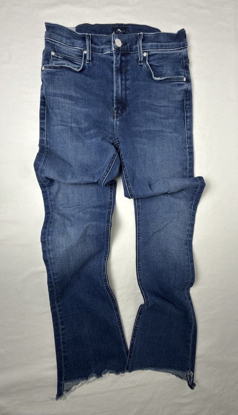 MOTHER The Runaway Step Fray Jeans 26 High Rise Flare Raw Hem Blue Denim